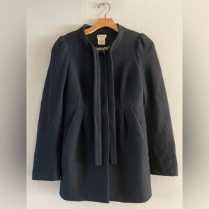 Anthropologie Elevenses Black 100% Wool Heart Lined Pleated Tie Pea Coat Size 2